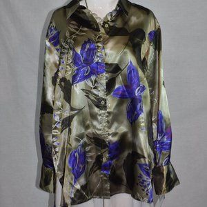 NWT Rebecca Jones Satin Lily Floral Print Long Sleeve Button Down Blouse Size 1X